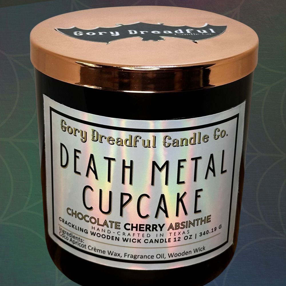 Death Metal Cupcake Crackling Wooden Wick Candle: Chocolate Cherry Absinthe